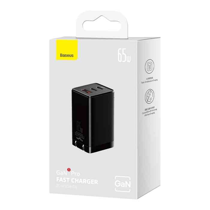 Baseus GaN5 Pro 65W Fast Charger 2X Type-C 1X USB Port CN For MacBook Laptop Phone